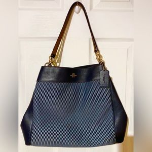 COACH Lexy Legacy Jacquard & Leather Shoulder Bag Navy Blue